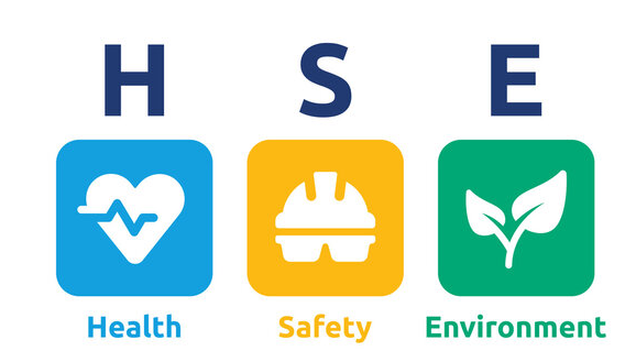 Health, Safety, and Environment graphic with icons for each area.